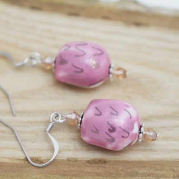 Pink Hand Painted Porcelain Owl Beaded Earrings - Handmade & Hypoallergenic - Picture 3 of 7